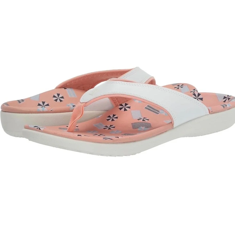 Spenco Yumi Womens White Peach Beach Print Orthotic Thong Flip Flop Sandals